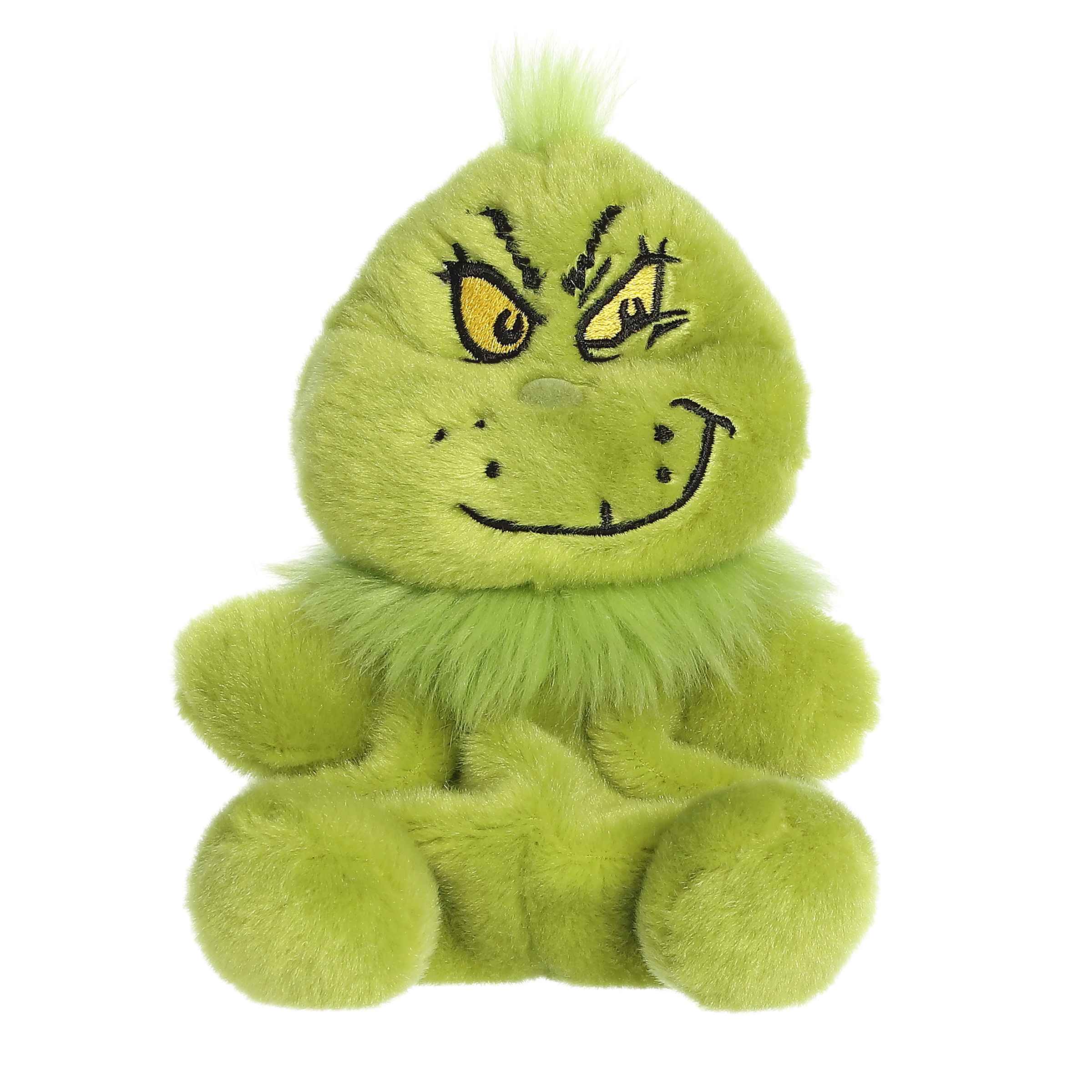 Compact Grinch Smirk plush with vibrant green fur, designed to fit snugly in your palm.