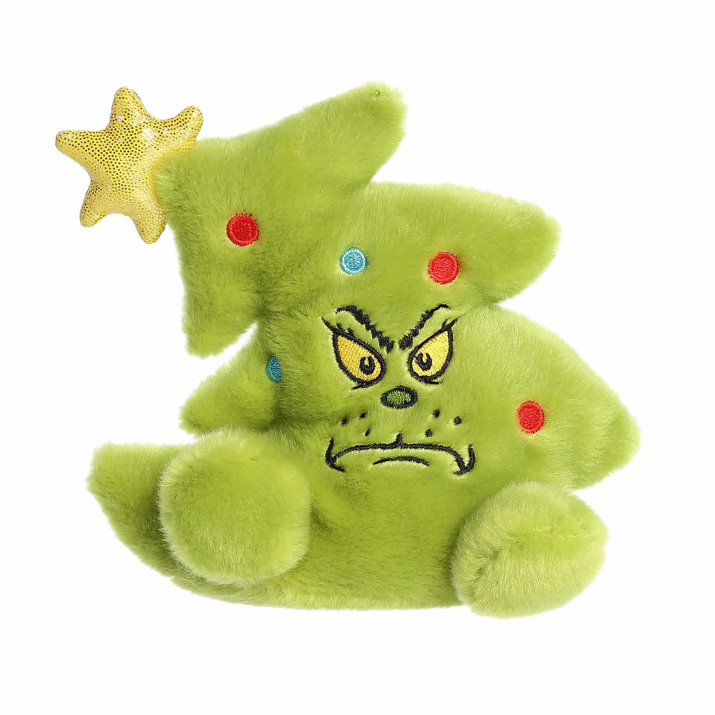 Vivid green Christmas tree plush with Grinch face, colorful ornaments, and a bright star