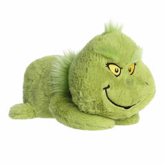 Soft-textured plush of Grinch from Dr. Seuss, lying on stomach with arms open!
