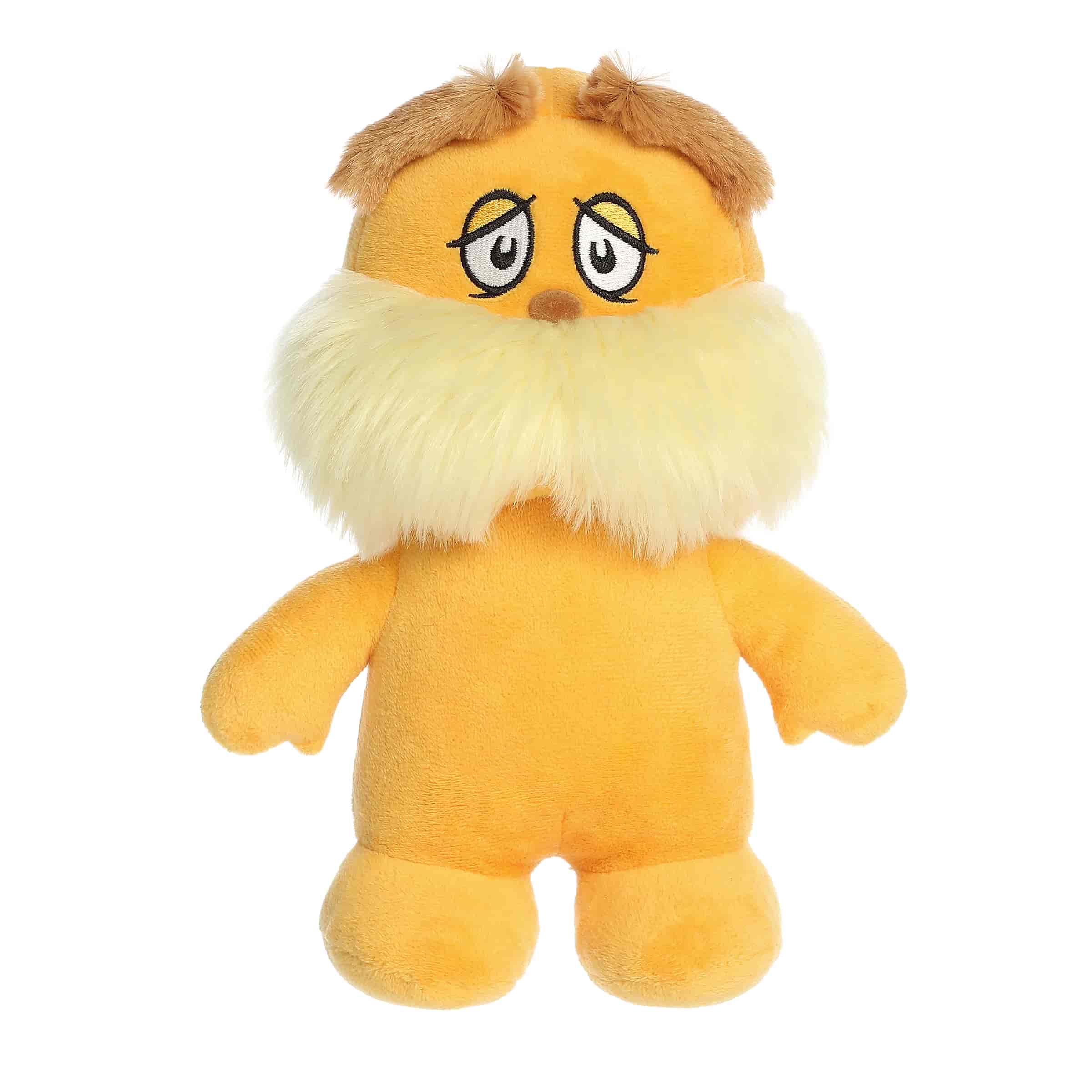 A golden-orange Lorax plush with a yellow mustache and bean-filled body from Dr. Seuss x Aurora.