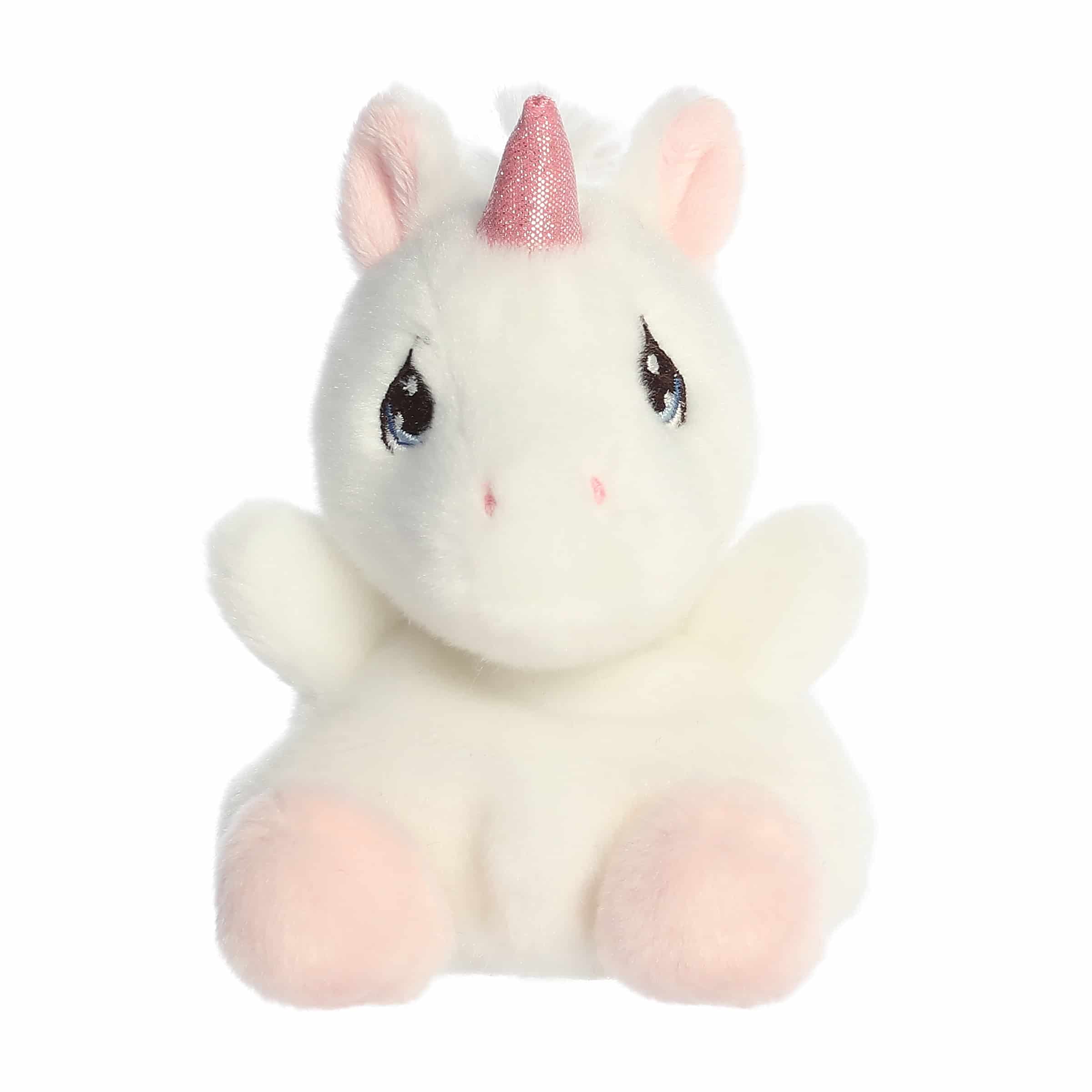 Sparkle Unicorn plush with white fur, shimmering silver horn, and dreamy blue eyes