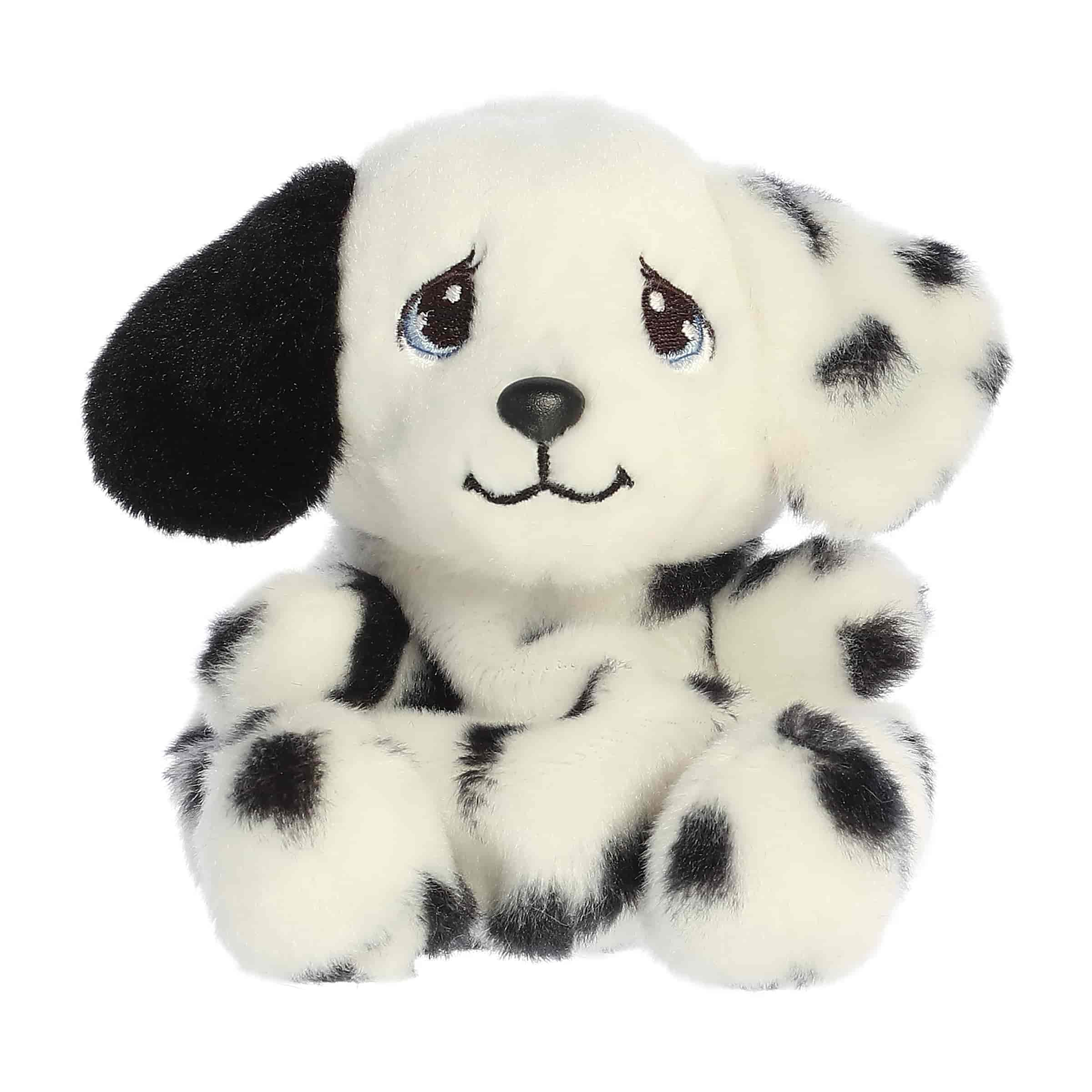 A soft black-and-white Dalmatian plush with floppy ears and teardrop eyes from Precious Moments Palm Pals.