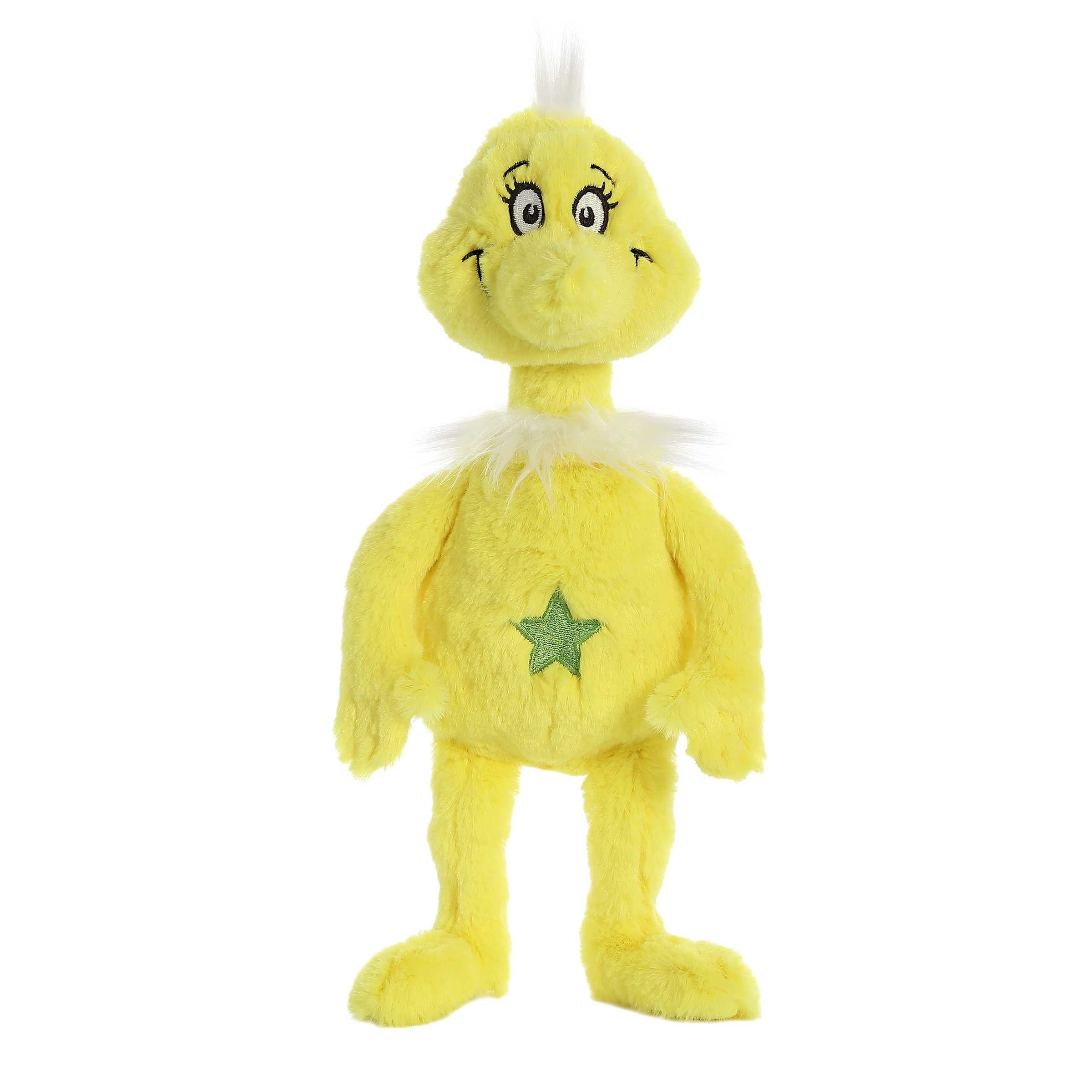 Sneetch plush from Dr. Seuss by Aurora, with yellow fur and a distinctive green star