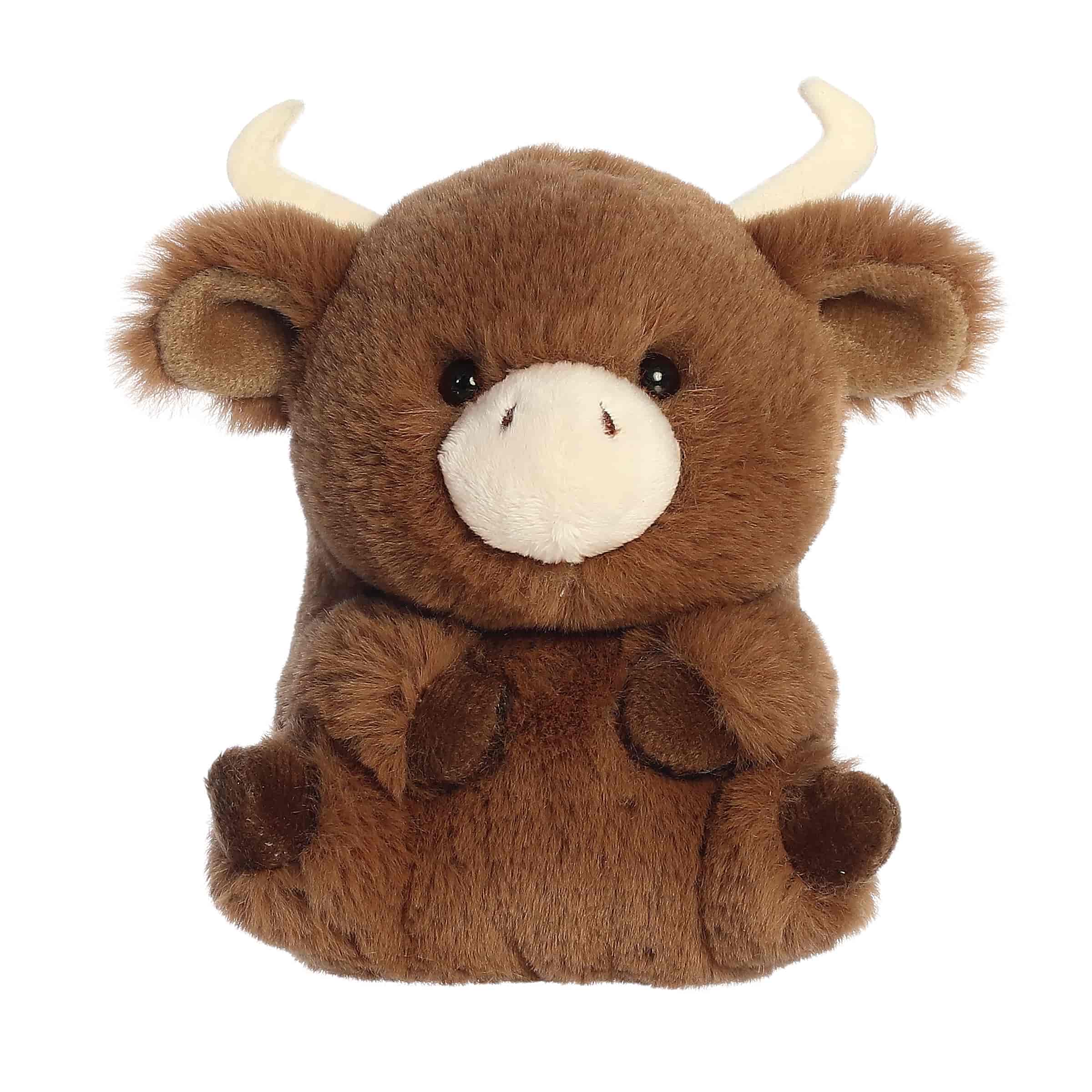 A soft brown plush longhorn calf with tiny horns and a round body from Rolly Pets by Aurora.