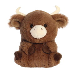 A soft brown plush longhorn calf with tiny horns and a round body from Rolly Pets by Aurora.