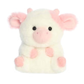 A soft white plush cow with pink accents and a round body from Rolly Pets by Aurora.