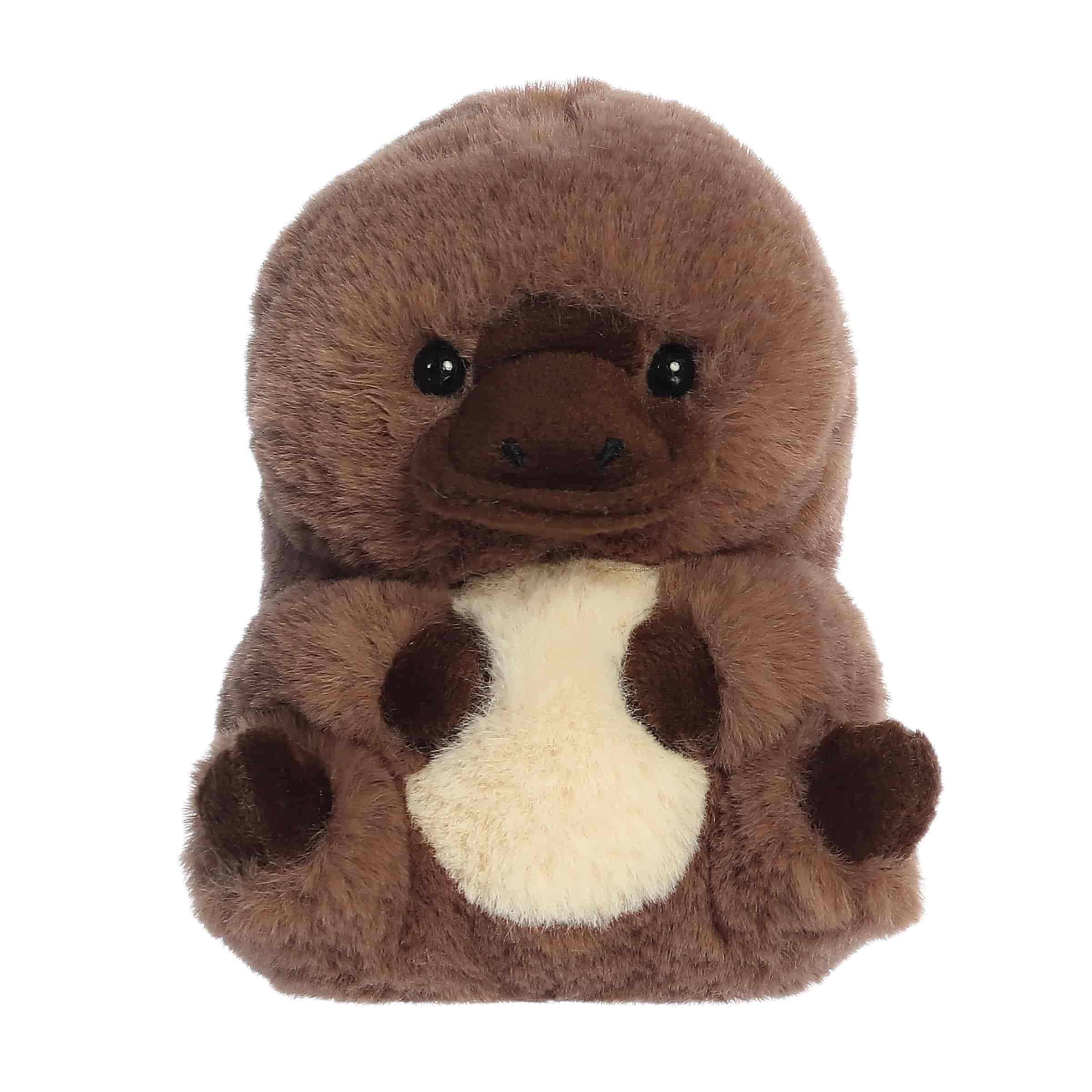 A soft brown plush platypus with a creamy belly and round body from Rolly Pets by Aurora.