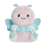 A soft lavender plush butterfly with bright blue wings and a round body from Rolly Pets by Aurora