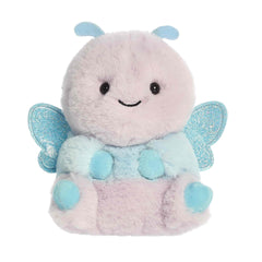 A soft lavender plush butterfly with bright blue wings and a round body from Rolly Pets by Aurora