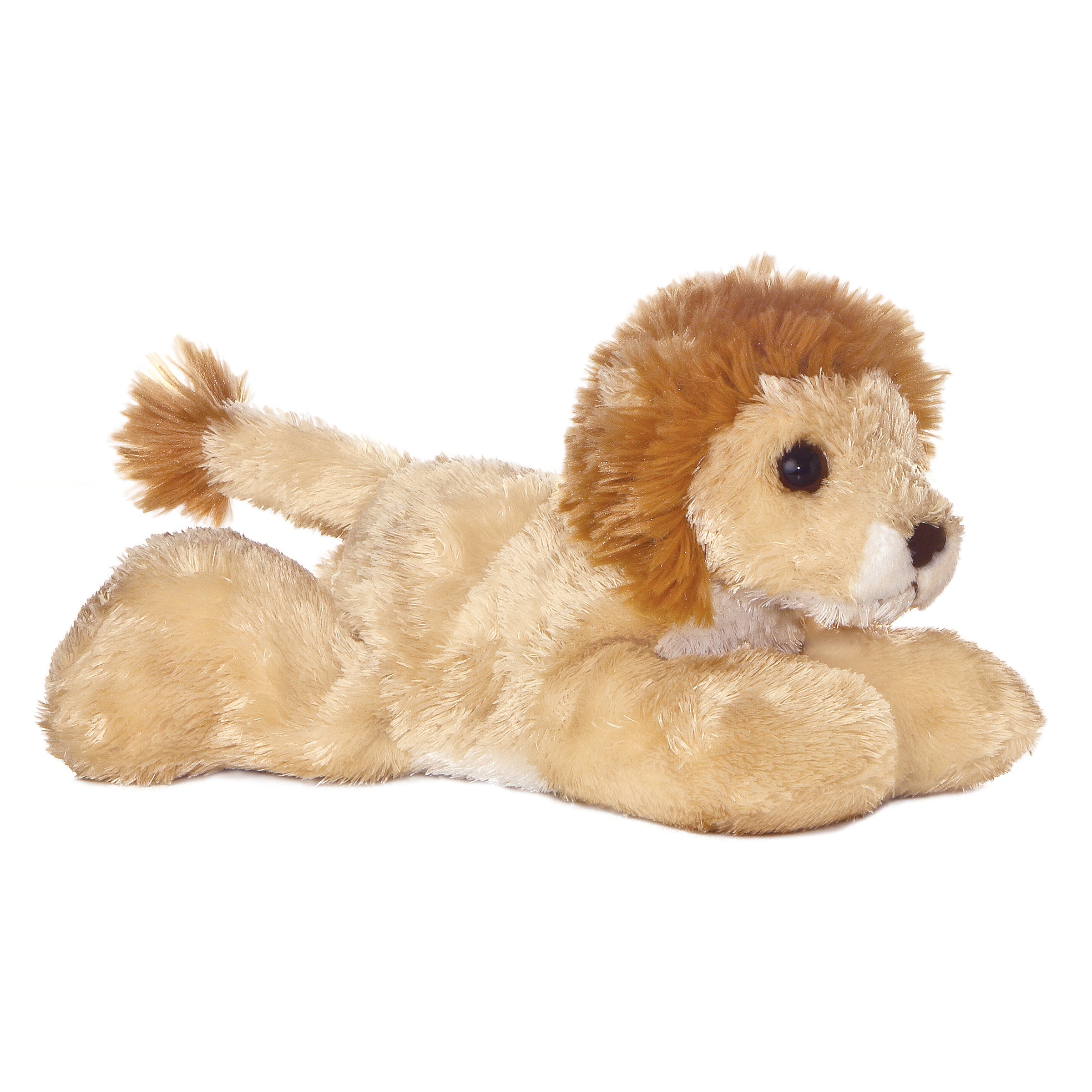 A golden lion plush toy from Aurora’s Mini Flopsie collection with a soft mane and soft fur