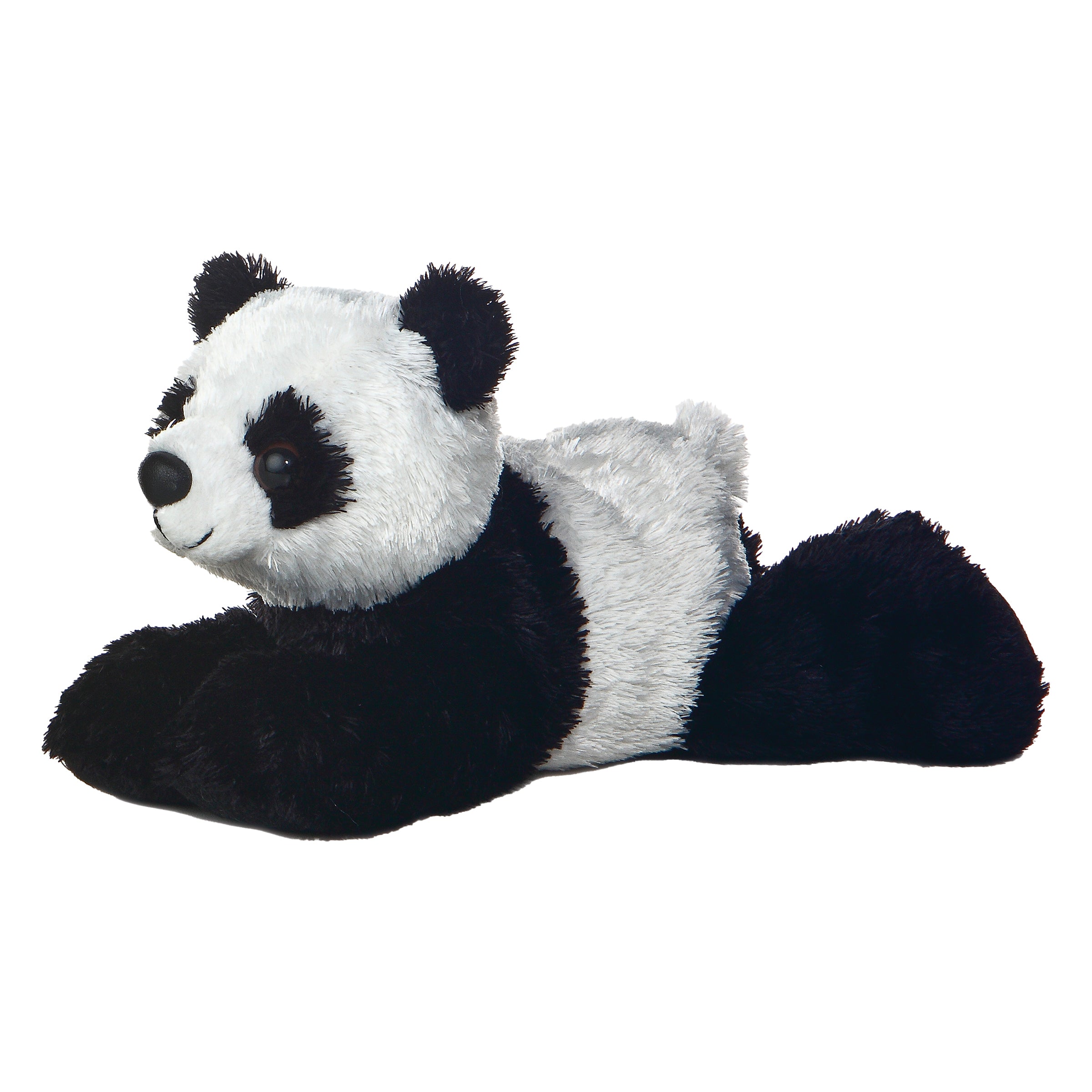 A black and white panda plush toy from Aurora’s Mini Flopsie collection with soft fur and a sweet expression.