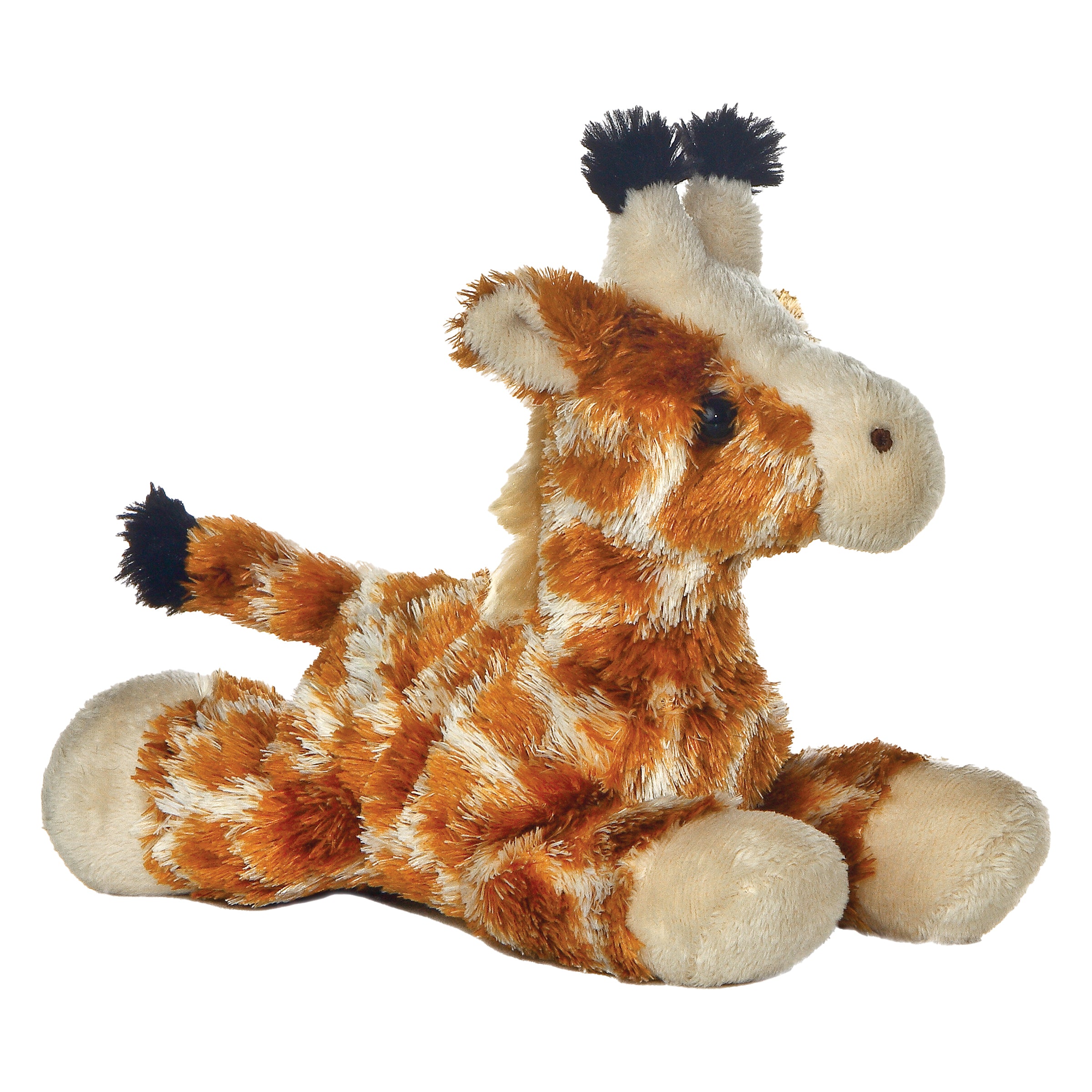 A giraffe plush toy from Aurora’s Mini Flopsie collection with patterned fur and cute tufted details.