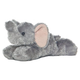 A grey elephant plush toy from Aurora’s Mini Flopsie collection with floppy ears and a gentle expression.
