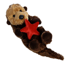 A brown otter plush toy from Aurora’s Mini Flopsie collection holding a red starfish with a sweet expression.