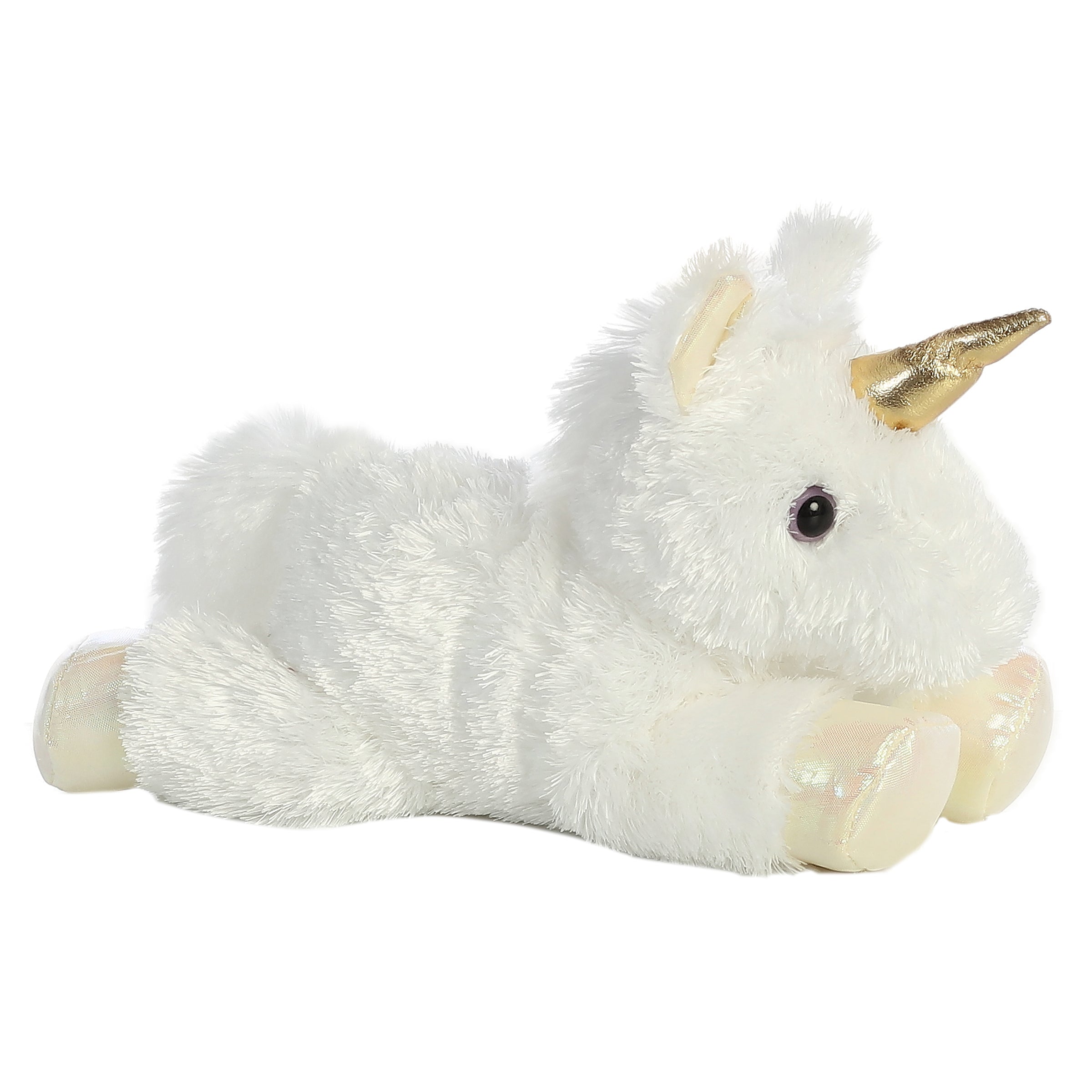 A white unicorn plush toy from Mini Flopsie by Aurora with a golden horn and iridescent hooves.