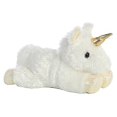 A white unicorn plush toy from Mini Flopsie by Aurora with a golden horn and iridescent hooves.