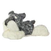 A Schnauzer dog plush toy from Mini Flopsie by Aurora with gray fur and a fluffy white beard.
