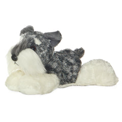 A Schnauzer dog plush toy from Mini Flopsie by Aurora with gray fur and a fluffy white beard.