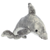 A gray dolphin plush toy from Mini Flopsie by Aurora with a soft body and rounded fins.