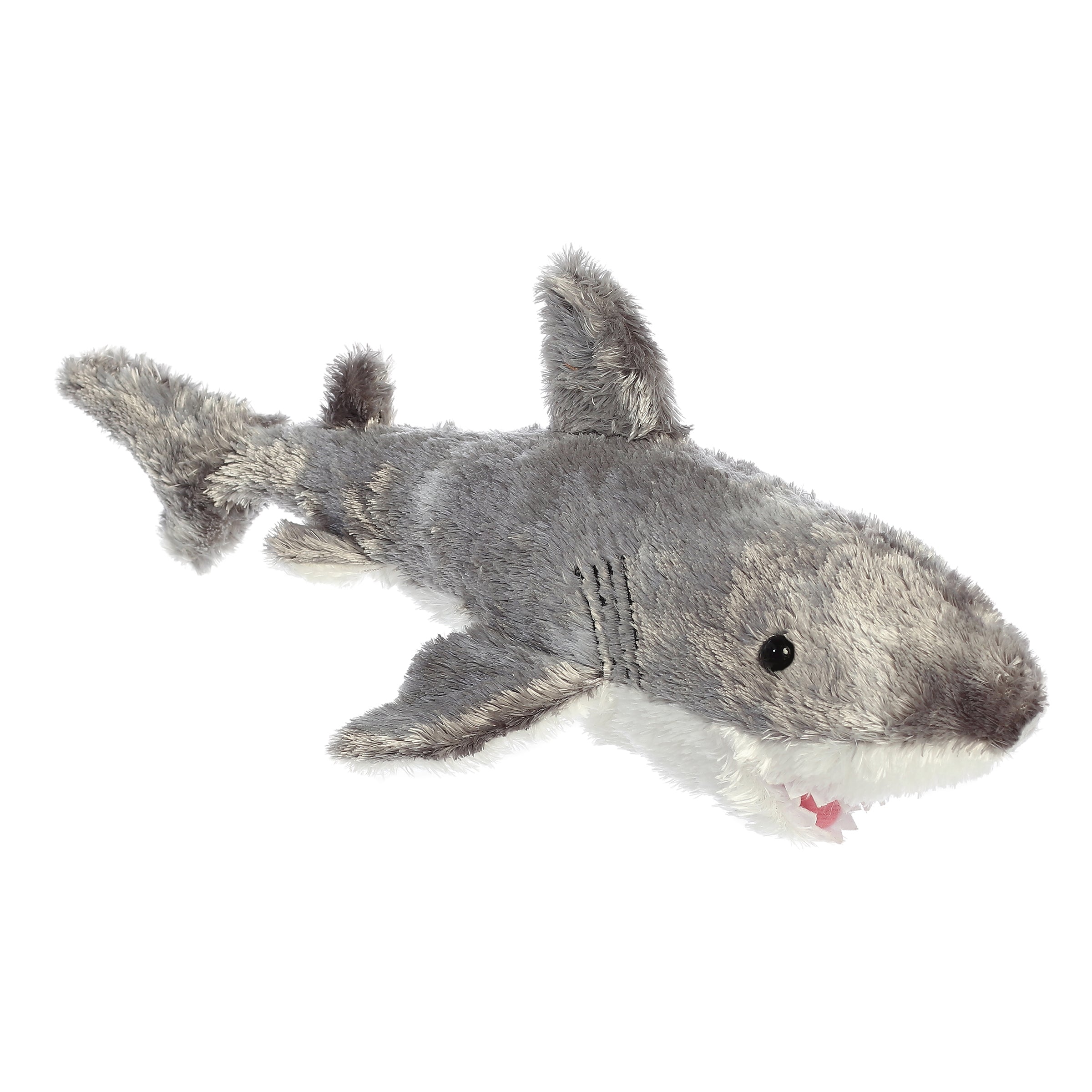 A grey shark plush toy from Mini Flopsie by Aurora with soft fins and a friendly smile.