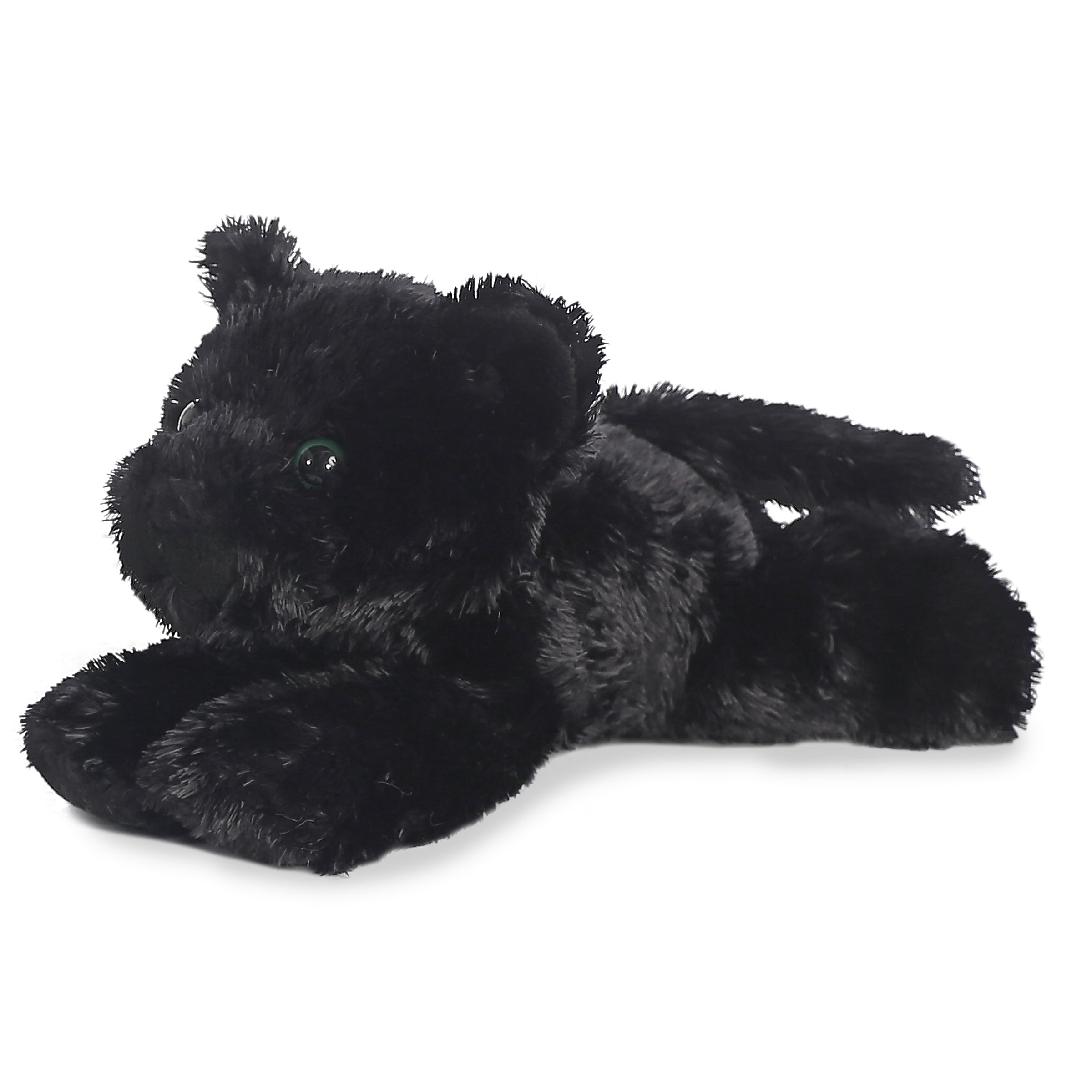 A black panther plush toy from Mini Flopsie by Aurora with glossy fur and bright green eyes.