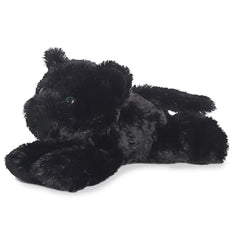 A black panther plush toy from Mini Flopsie by Aurora with glossy fur and bright green eyes.
