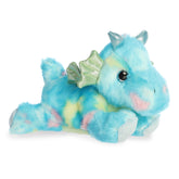 Sprinkles Dragon plush from Aurora, in turquoise with pink and blue dots and shimmering wings