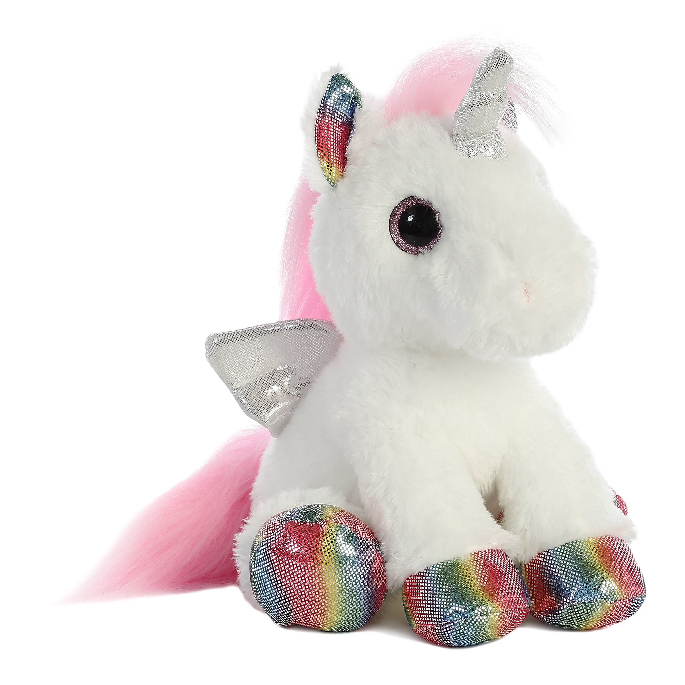 A white unicorn plush toy from Aurora with glittering silver wings, rainbow hooves, and a pink mane and tail.