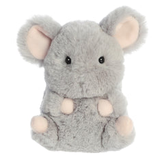 A round grey mouse plush toy from the Rolly Pet collection by Aurora with pink ears and rosy cheeks.