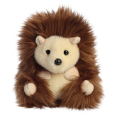 A round beige hedgehog plush toy from the Rolly Pet collection with a spiky brown back and tiny paws.