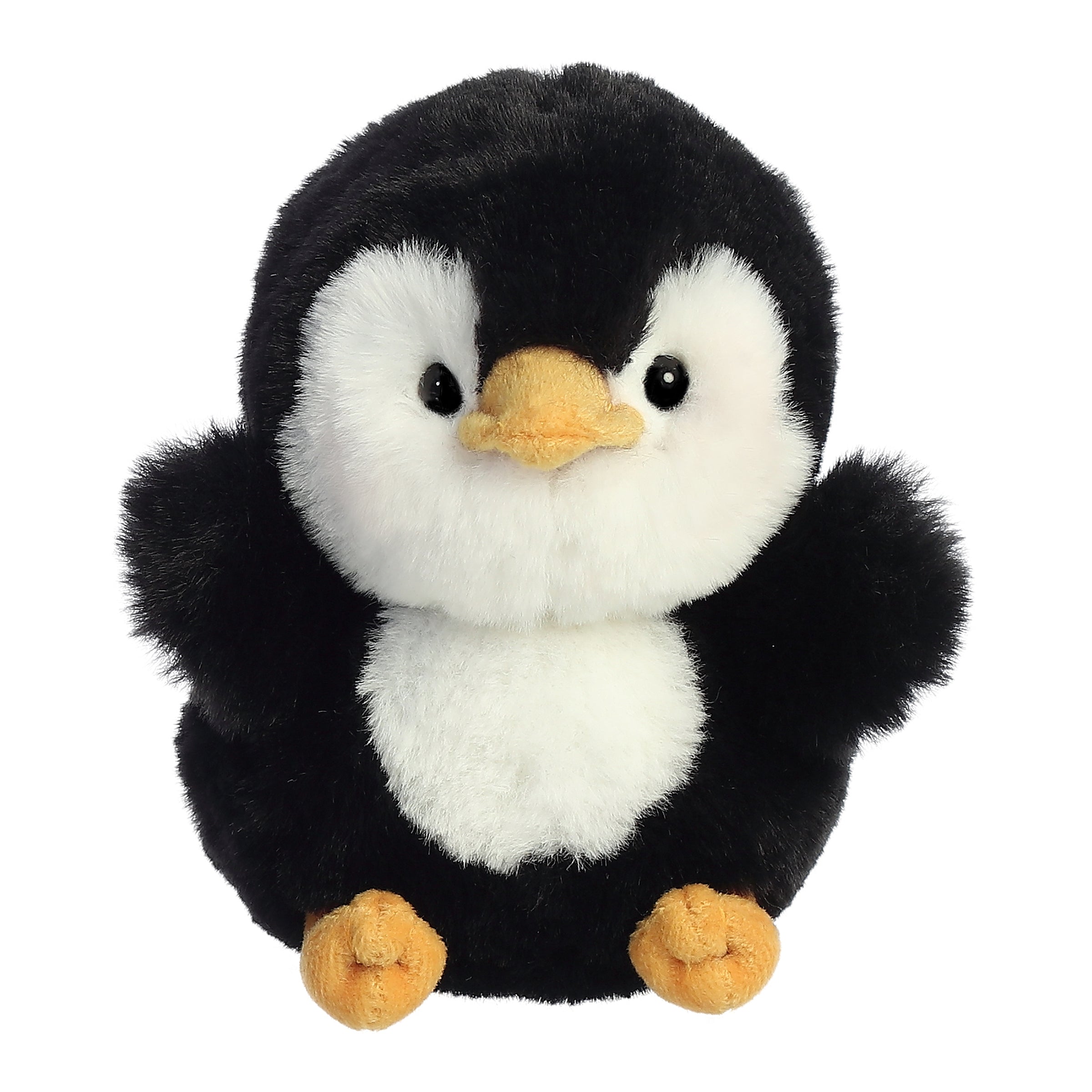A black and white penguin plush toy from the Rolly Pet collection by Aurora with an orange beak and rosy cheeks.