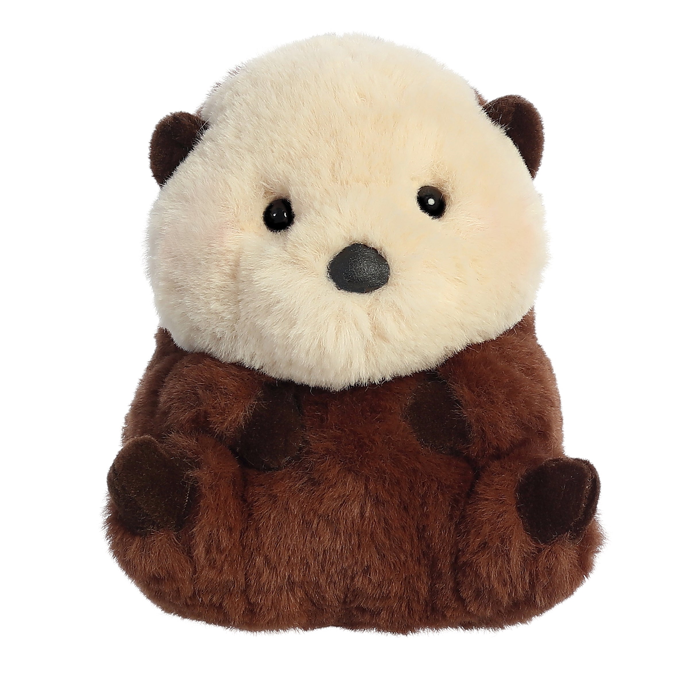 A brown sea otter plush toy from the Rolly Pet collection by Aurora with a cream face and rosy cheeks.