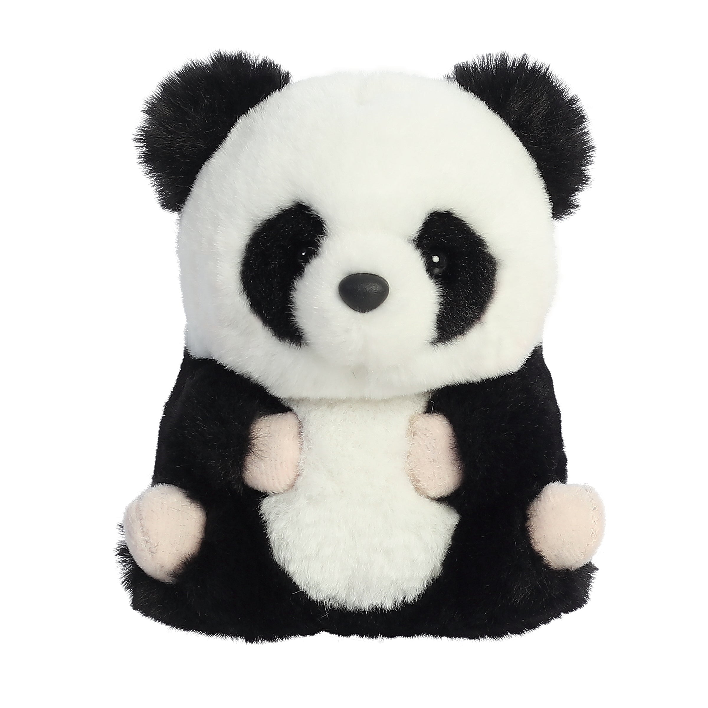 A black and white panda plush toy from the Rolly Pet collection by Aurora with tiny paws and rosy cheeks.