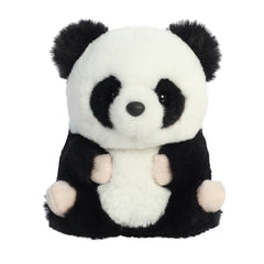 A black and white panda plush toy from the Rolly Pet collection by Aurora with tiny paws and rosy cheeks.