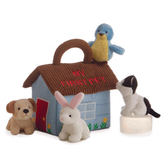 Plush pet set in a soft house carrier by Baby Talk ebba, featuring puppy, kitten, bunny, and bird with sounds.
