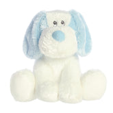 A blue and white dog plush toy from ebba’s Scruff & Dafney collection with floppy ears and soft fur.