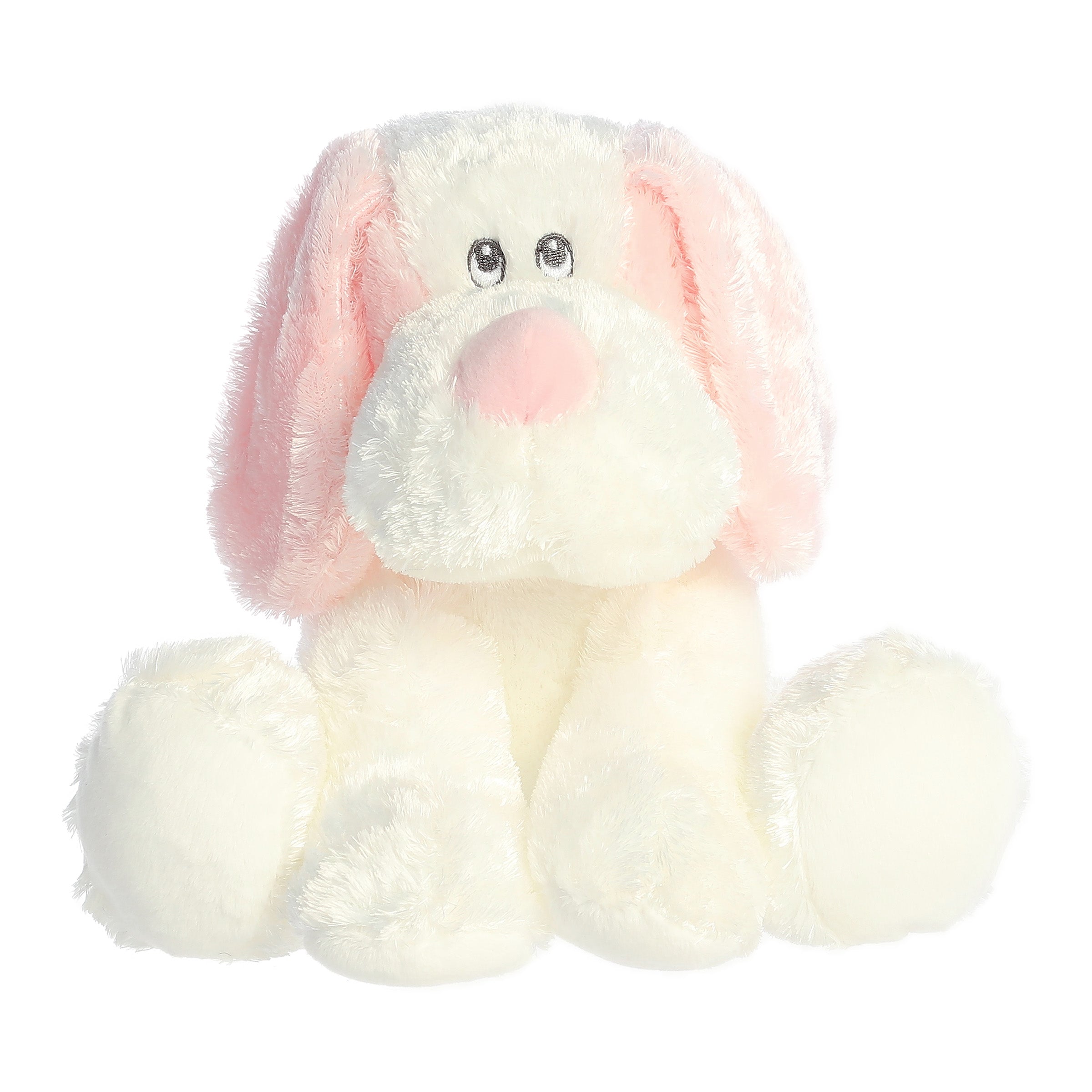 A pink and white dog plush toy from ebba’s Scruff & Dafney collection with floppy ears and sweet detailing.