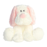 A pink and white dog plush toy from ebba’s Scruff & Dafney collection with floppy ears and sweet detailing.