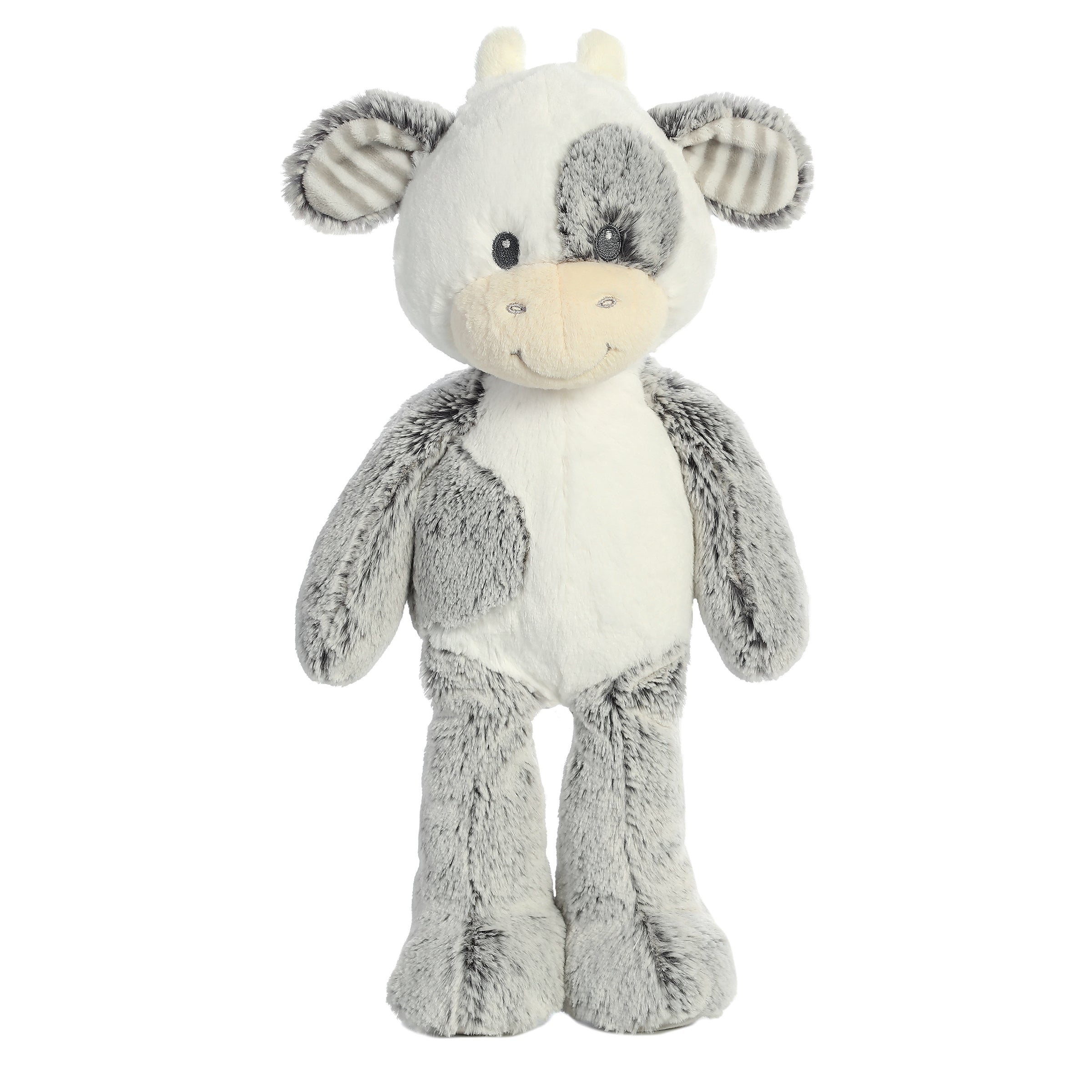 Coby Cow plush from Cuddlers by ebba, featuring soft grey and white fabric, perfect for naptime and playful comfort.
