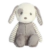 A grey and white puppy plush toy with striped arms and gentle detailing, from ebba by Aurora.