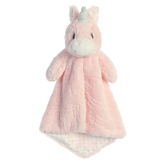 A pink unicorn plush toy and lovey from ebba with a polka-dot blanket and soft trims.