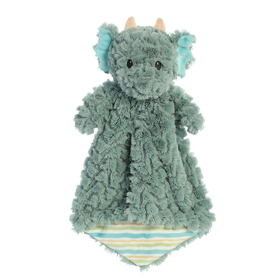 A green dragon plush toy and lovey from ebba by Aurora with striped arms and a textured soft blanket.