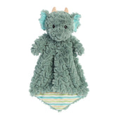 A green dragon plush toy and lovey from ebba by Aurora with striped arms and a textured soft blanket.