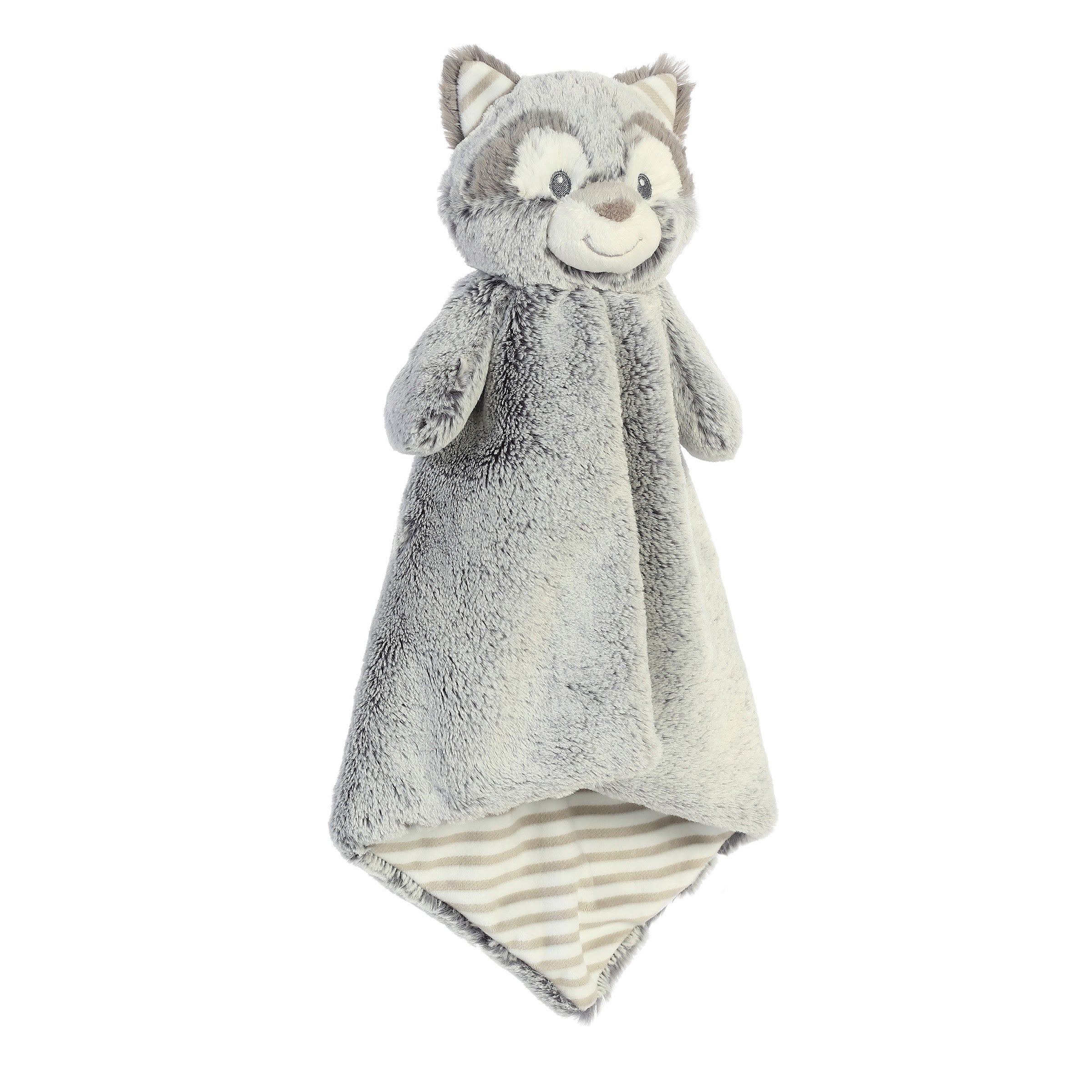 Rocko raccoon plush from Cuddlers Luvster by ebba, featuring two-toned gray fabric and a playful striped underbelly.