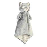 Rocko raccoon plush from Cuddlers Luvster by ebba, featuring two-toned gray fabric and a playful striped underbelly.
