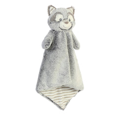 Rocko raccoon plush from Cuddlers Luvster by ebba, featuring two-toned gray fabric and a playful striped underbelly.