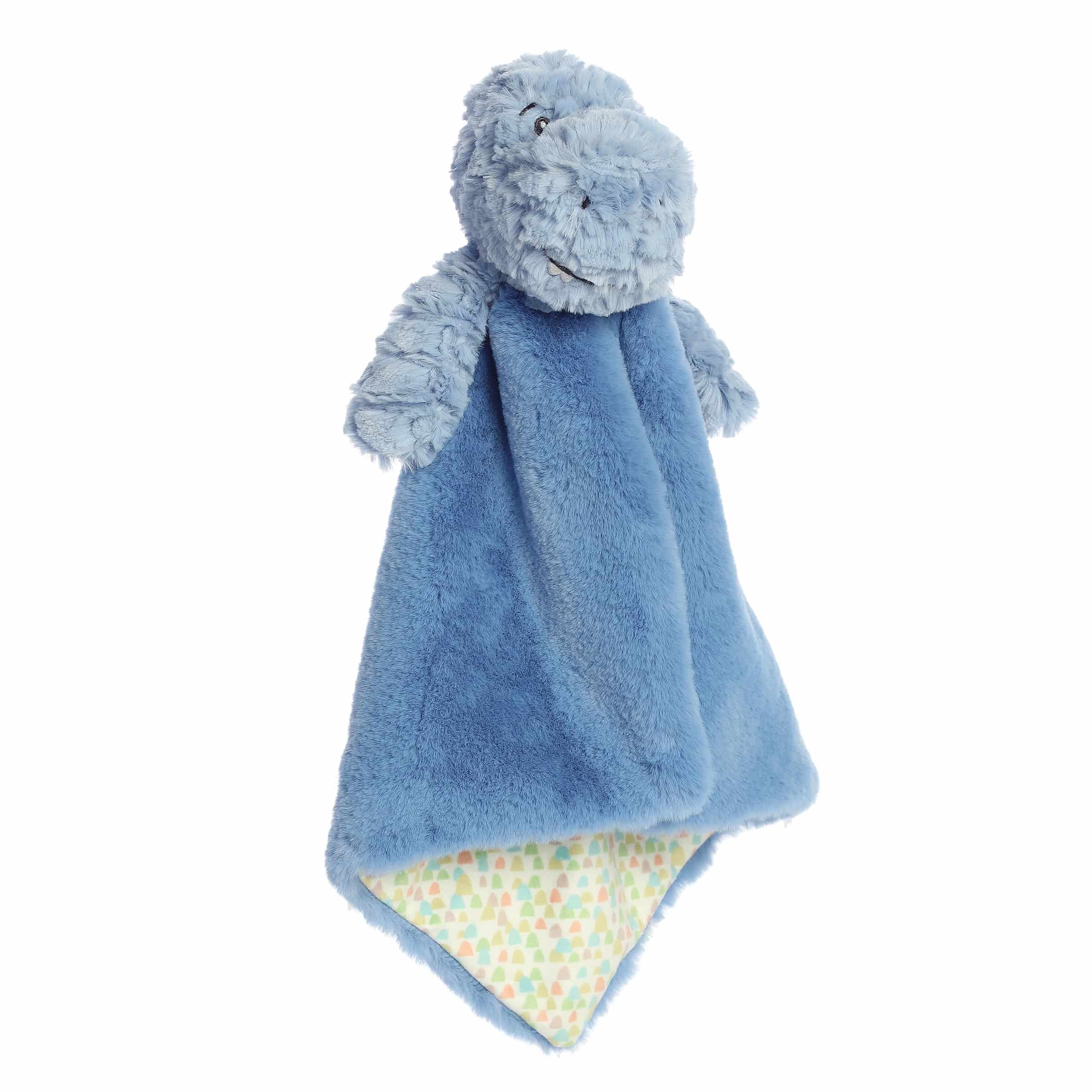 Theo T-Rex Luvster, a blue plush dinosaur blanket with ultra-soft materials, designed to comfort and captivate babies