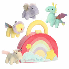 My Rainbow Friends plush set, featuring an Aqua Dragon, Purple Pegasus, Unicorn, and winged Lion each with unique sounds