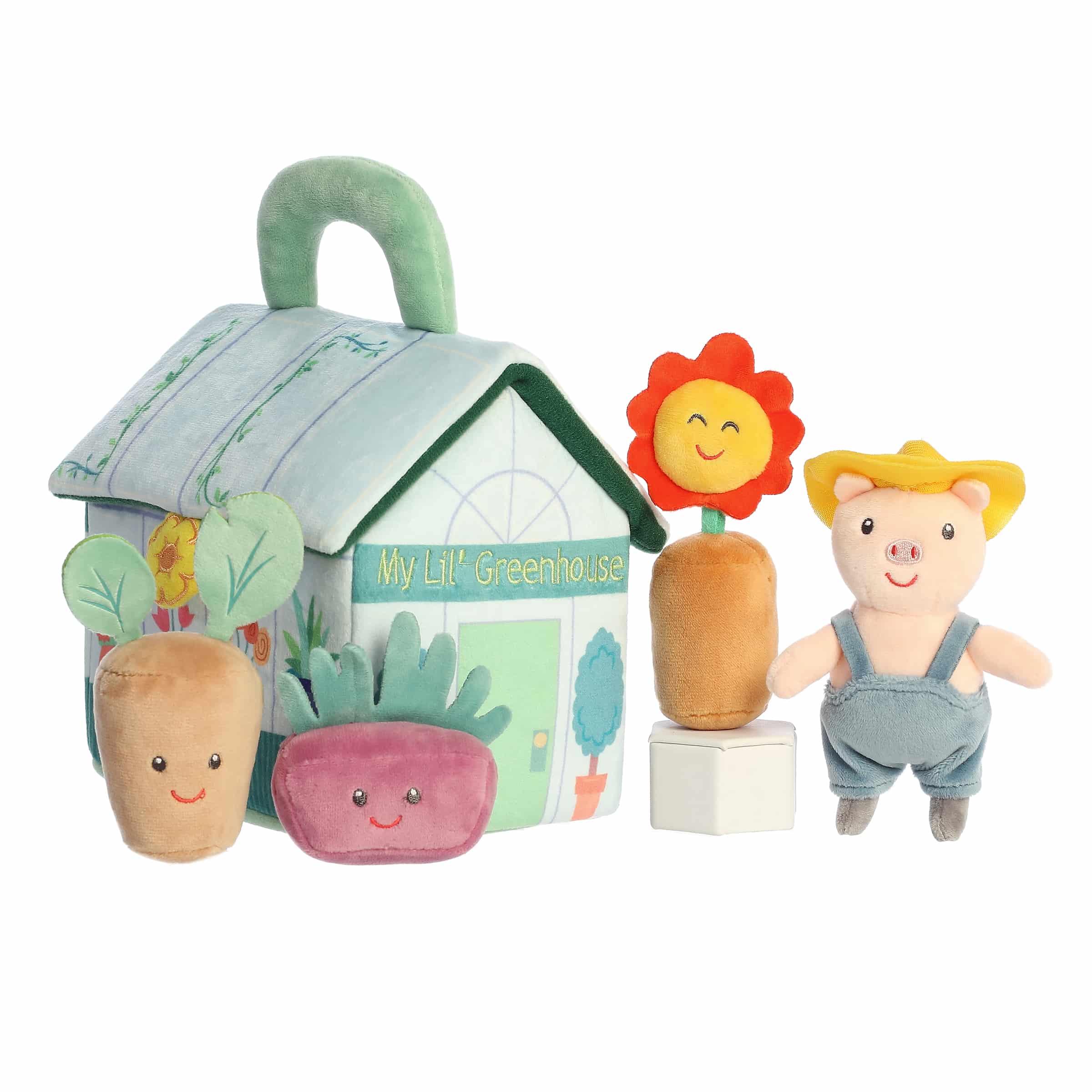 My First Greenhouse plush set, includes a Flower, Purple Plant, Brown Plant, and a Pig dressed as a farmer