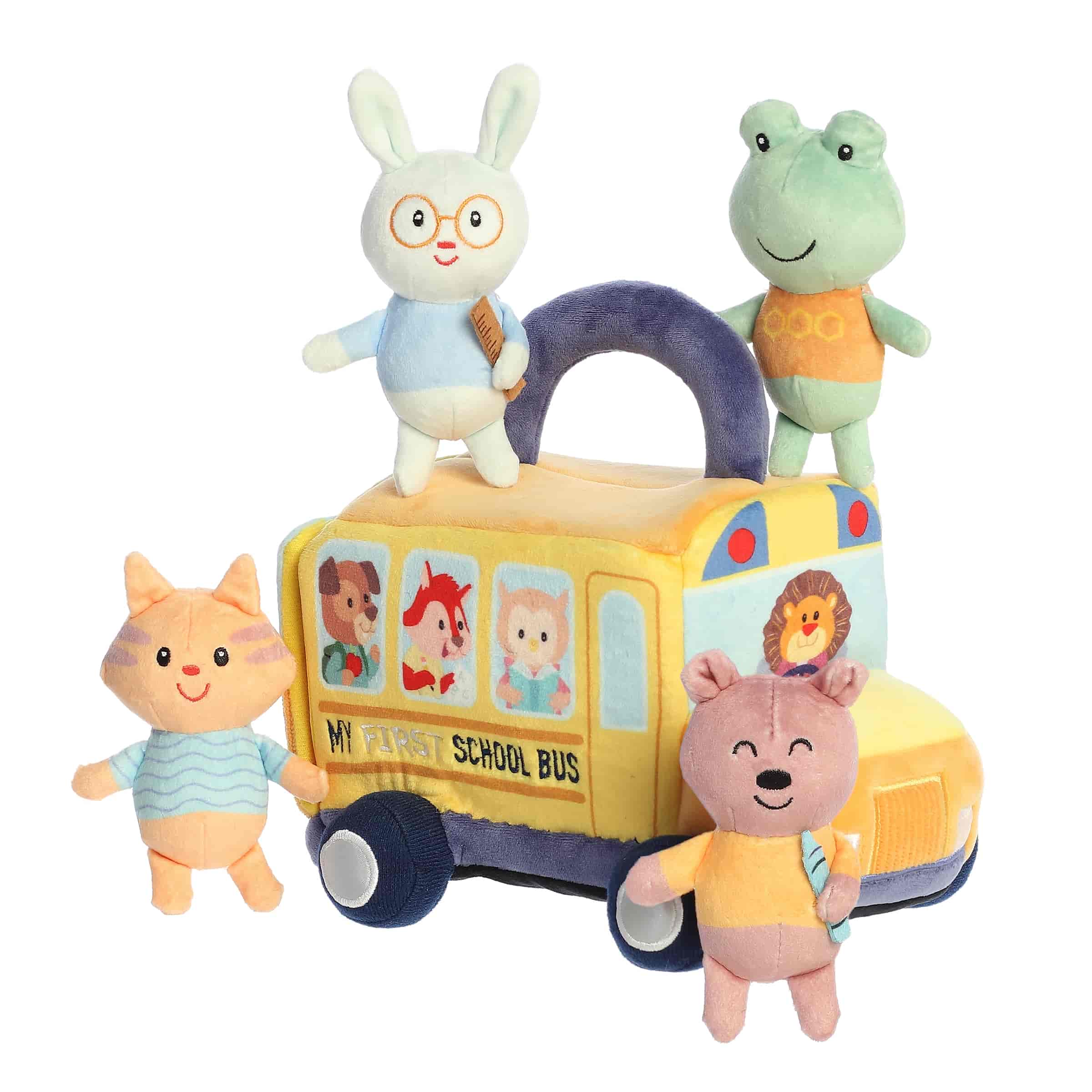 A soft yellow plush school bus with four animal passengers from Baby Talk by ebba.